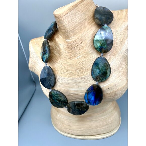 Labradorite Statement Necklace Polished Faceted Madagascar 17-21" Crystals - Picture 3 of 12